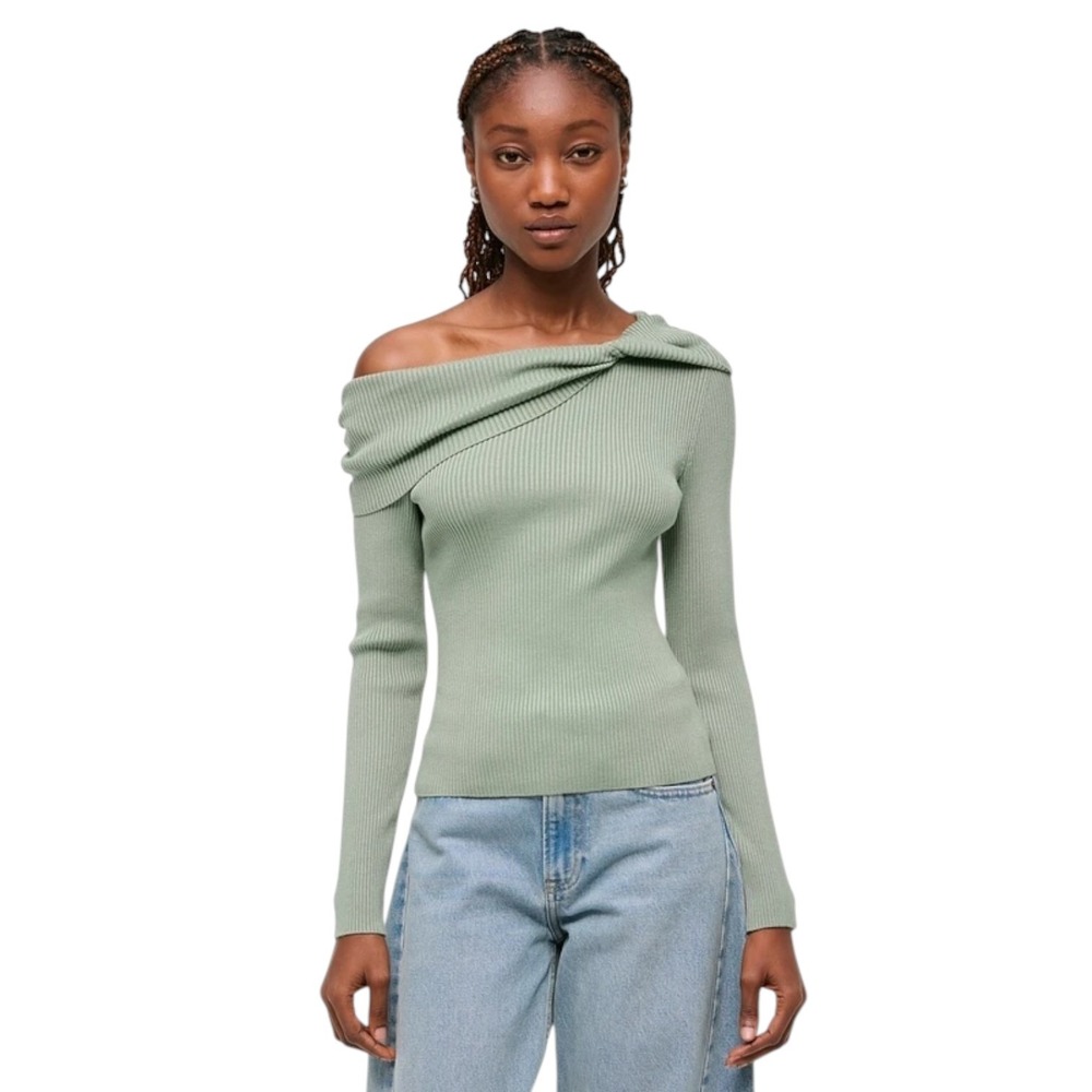 Abercrombie & Fitch Chic Asymmetrical Twist Front Top Sage Green Ribbed SZ Large